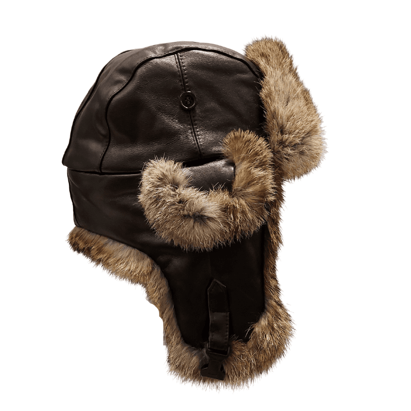 Loðfeldshúfa kanína m/leðurkolli-brown